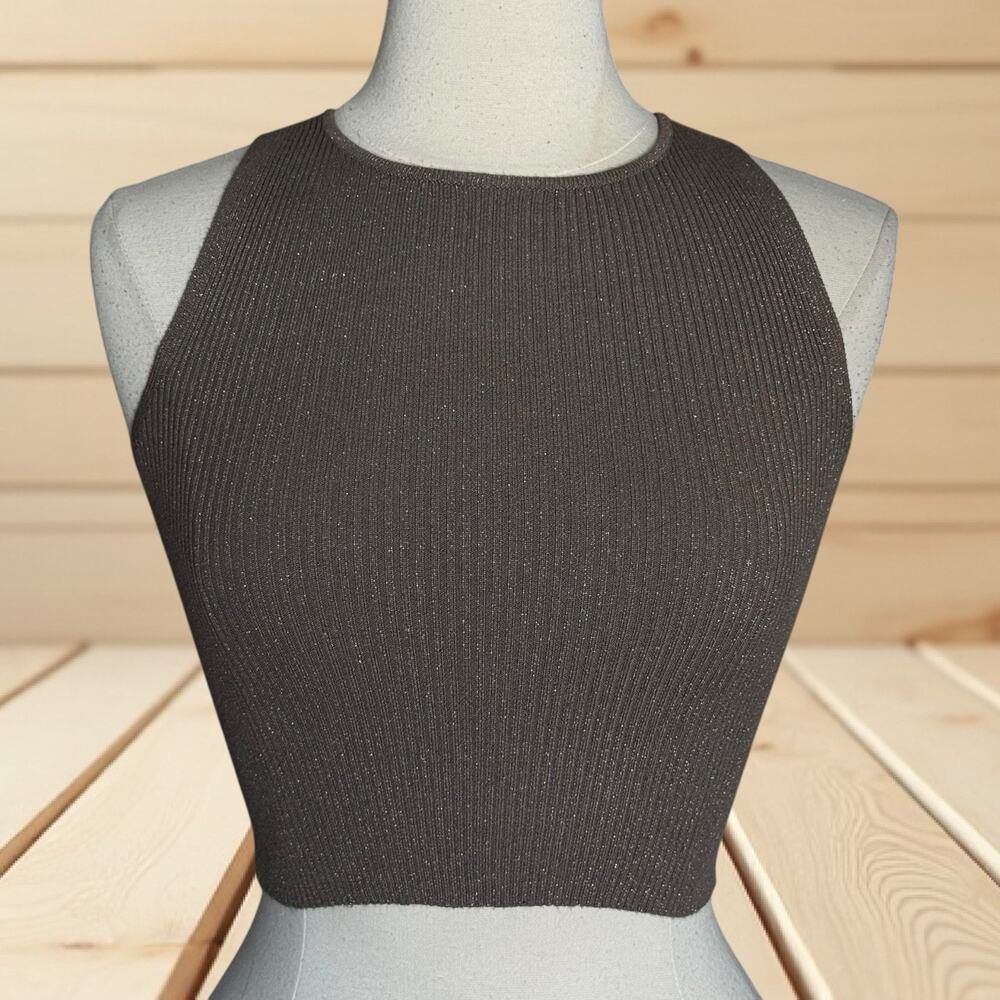 Miou Muse Cropped Ribbed Tank Top Cami Size S Coquette Y2K Army Green Metallic